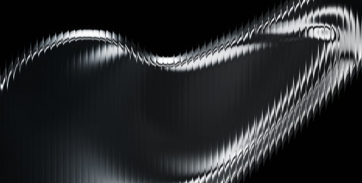 High contrast 3D liquid metal chrome glass surface with glossy ribbed texture, smooth wave distortion and monochrome neon gradient background