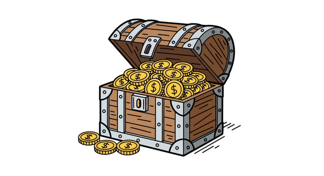 Antique wooden treasure chest packed with brilliant gold coins, vintage loot trunk for wealth and riches, hand-drawn doodle style flat icon isolated on plain white backdrop.