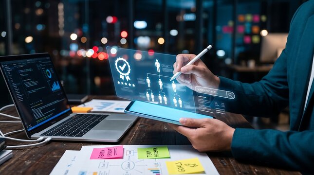 Businessman analyzing data on a tablet with a virtual interface at night office desk