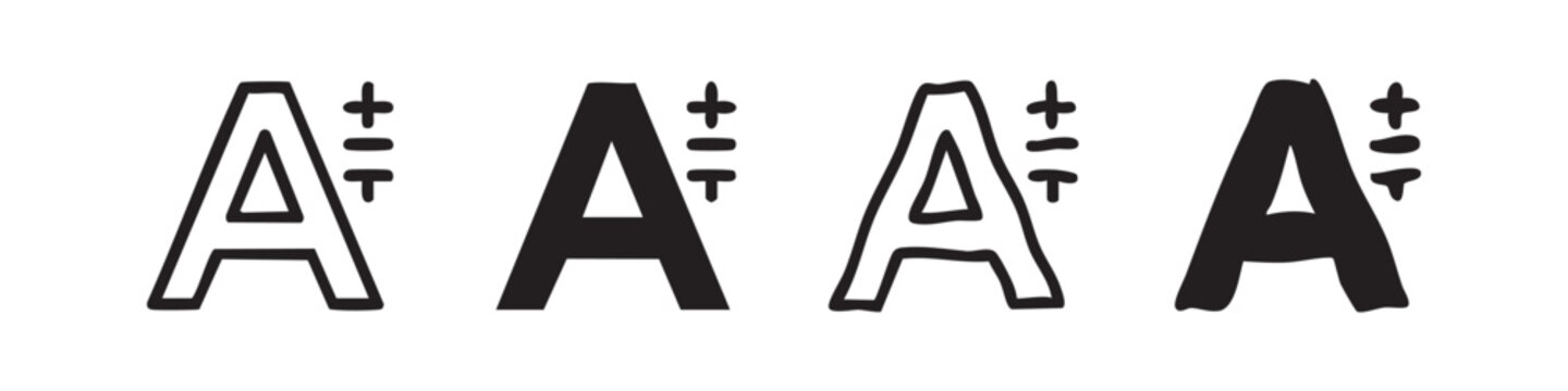 Text size adjustment icon set showing letter A with plus and minus symbols