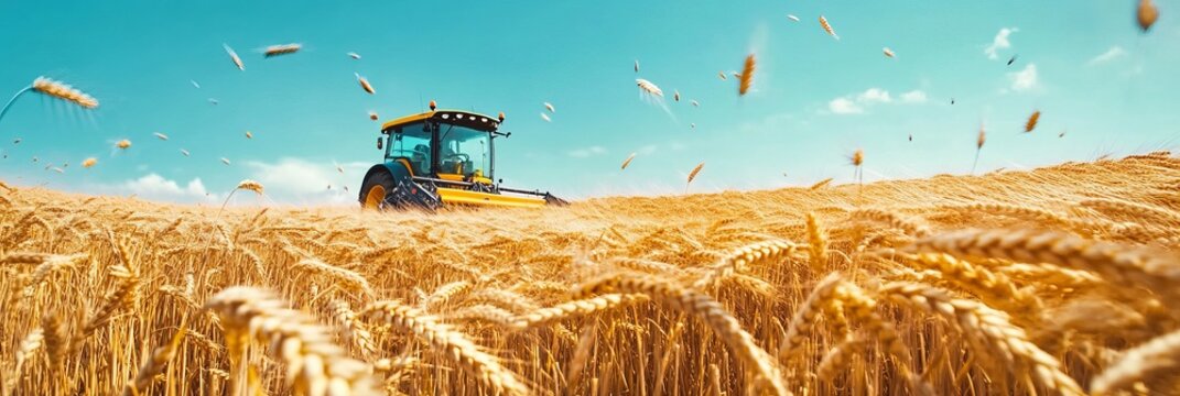 Golden Wheat Harvest Season in Agricultural Landscape with Machinery Under Clear Blue Skies