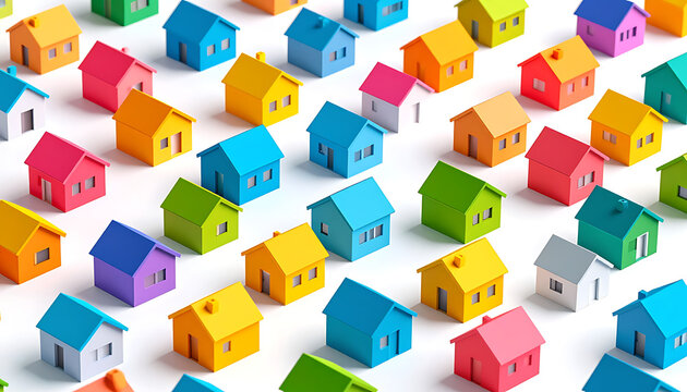 A vibrant, colorful array of small, pixelated houses arranged in a grid pattern, creating a playful and modern neighborhood concept