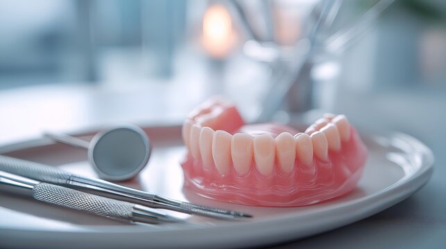 A close-up of dentures on a plate alongside dental tools, showcasing an essential aspect of dental care and oral hygiene.