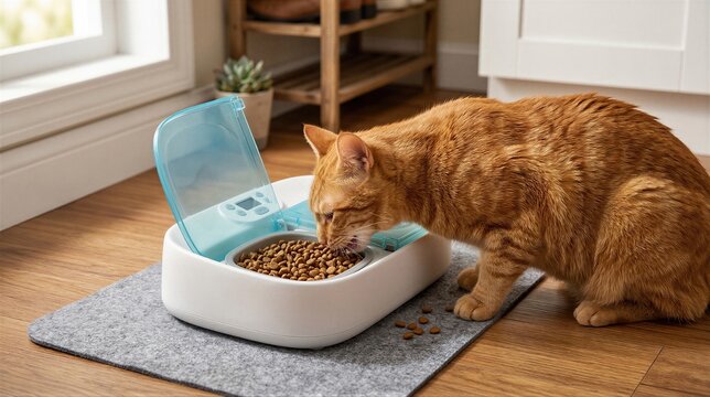 Ginger cat eating dry kibble from an automatic electronic pet feeder on a mat. Convenient smart device for scheduled animal feeding. Modern pet care technology and household supply.