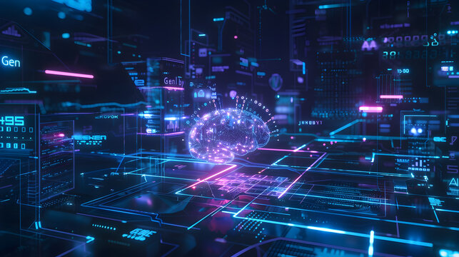 Artificial intelligence digital brain concept with glowing neural network data processing