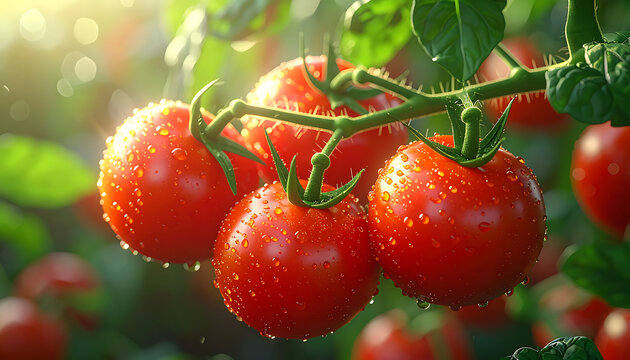 Ripe red tomatoes covered in water droplets on the vine, bathed in soft sunlight, fresh harvest concept