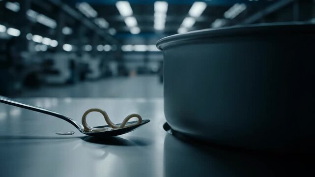 A single strand of spaghetti on a spoon with a pot and factory blurred background in a macro shot representing food industry and technology concepts