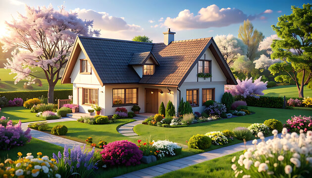 charming cottage with vibrant blooming garden in golden hour light, inviting curb appeal, suburban home, picturesque landscaping