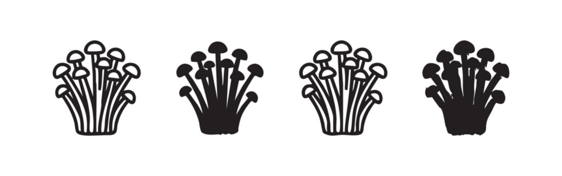 Enoki Mushroom Icon Set, Japanese Fungi Symbols for Asian Cuisine and Cooking