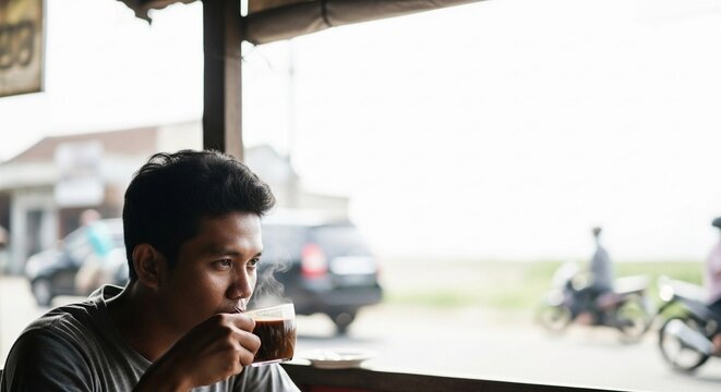 Indonesian Man Drinking Coffee in Simple Warung Natural Scene