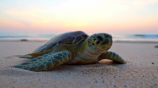 A green sea turtle crawls on a sandy beach at sunset with calm ocean waves and a pastel sky in the background showcasing wildlife and nature.