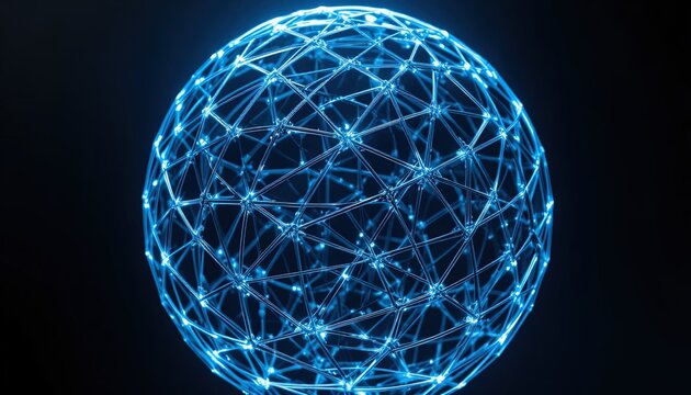 Abstract Blue Network Sphere on Black Background: Conceptual Digital Illustration for Technology, Science, and Futuristic Designs