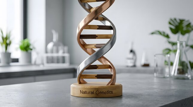 Wooden and metallic dna double helix model representing genetic study on laboratory bench.
