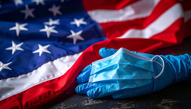 Blue medical face mask and nitrile glove resting on American flag, concept for pandemic healthcare protection and national health crisis response