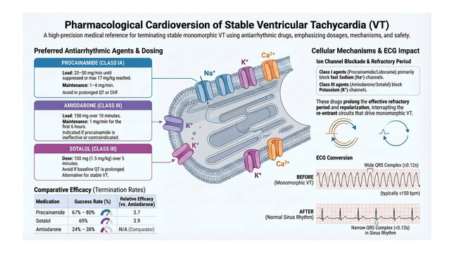 Pharmacological Cardioversion of Stable Ventricular Tachycardia: Antiarrhythmic Drug Dosing, Cellular Ion Channel Mechanisms, and ECG Rhythm Conversion