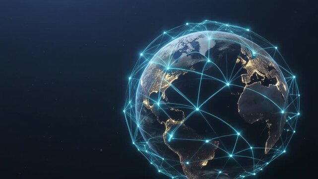 Digital Earth viewed from space, continents illuminated, overlaid with glowing interconnected lines and nodes forming a web, symbolizing worldwide connectivity, internet data exchange, and technologic