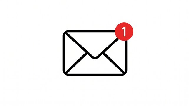 Black outlined envelope icon with red circular notification badge in top right corner symbolizing new message alert.