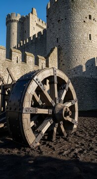 Massive wooden siege tower wheel outside ancient stone castle