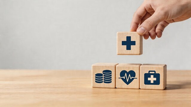 Business man hand adding wooden cube with plus sign symbol to stack of blocks with database heart rate and first aid kit icons on light wooden table representing health insurance