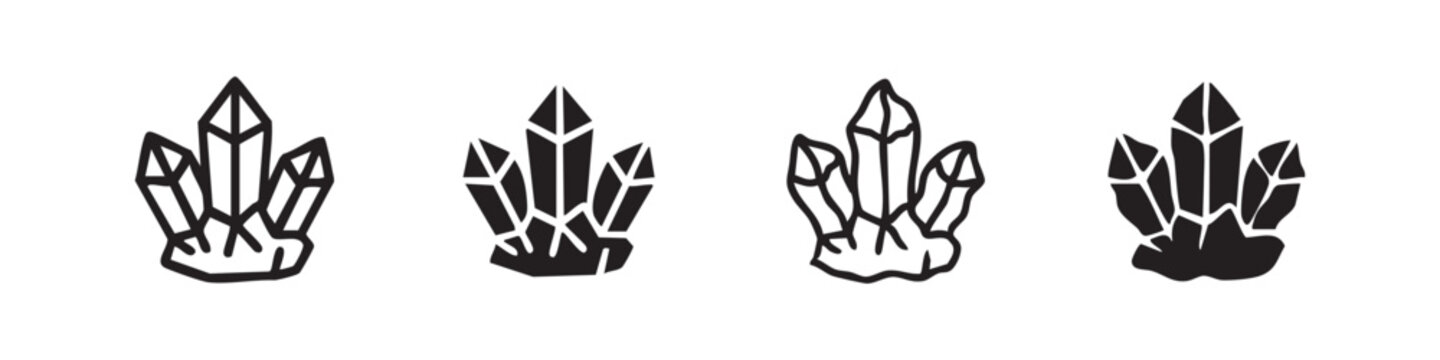 Crystal Quartz Cluster Icons Set - Gemstone and Mineral Symbols in Line and Solid Styles