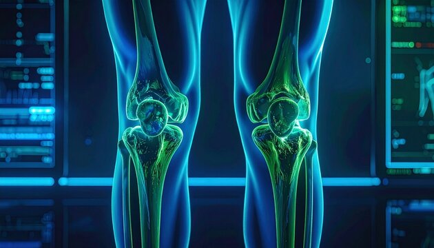 Digital medical visualization of two human knees with glowing green and blue tones, highlighting skeletal structure and anatomy in clinical diagnostic context.