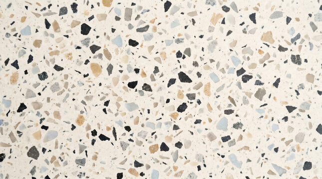 Terrazzo floor texture with colorful stone chips, polished marble and granite mosaic background, modern interior surface material
