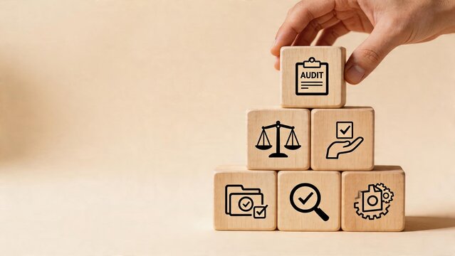 Business man stacking wooden blocks with audit scale justice checkmark folder magnifying glass and gear icons symbolizing financial accounting quality control compliance risk