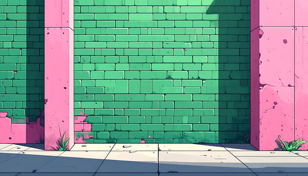 Retro pixel art scene with a cracked green brick wall and pink pillars casting geometric shadows, urban decay aesthetic