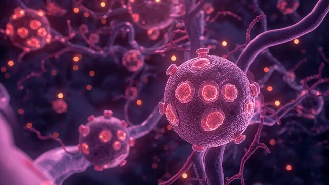 Pink and purple microscopic virus particles with glowing cell membranes, tendrils, floating pathogens and detailed medical infection scene