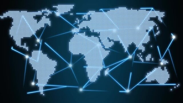 Digital world map animation with blue line connections. Global network communication system. Digital world map technology graphic on black background.