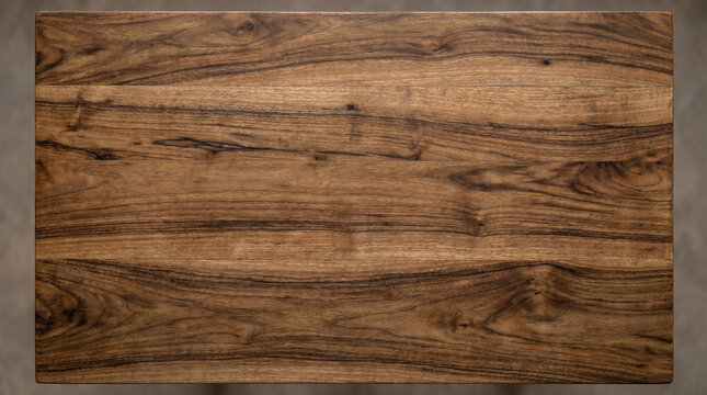 Rustic walnut wood tabletop texture, dark brown timber surface with natural grain patterns, overhead view of weathered wooden board background