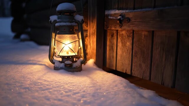 An old lantern glows with a warm light illuminating the snowy ground and wooden door in a rustic winter scene with a feeling of warmth and tradition