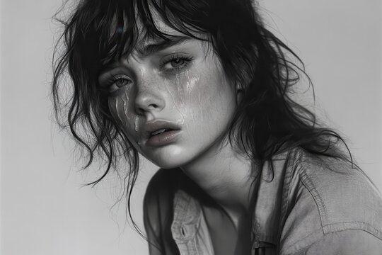 Monochrome portrait of a woman with tears streaming down her face, conveying a sense of deep sorrow and vulnerability. Messy hair.