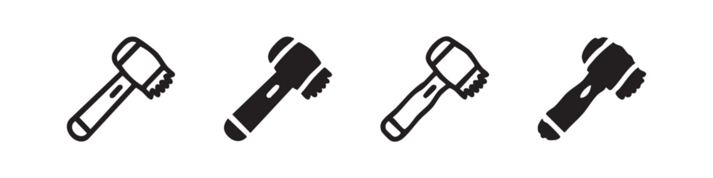 Meat tenderizer hammer icons set. Kitchen tool for preparing steaks and meat in four graphic styles.