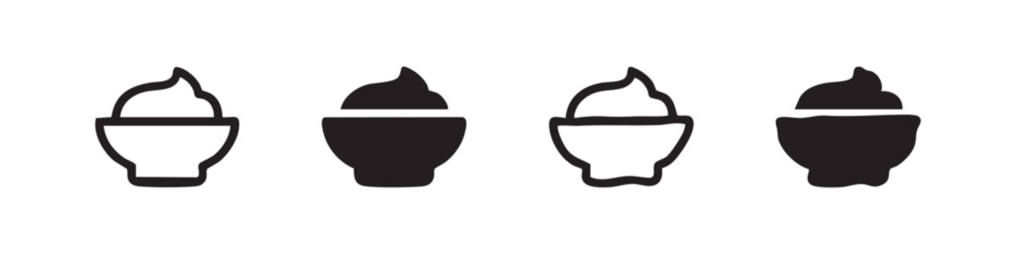 Sauce or dip bowl icons set. Condiment symbol for mayonnaise, mustard, or yogurt in various styles.