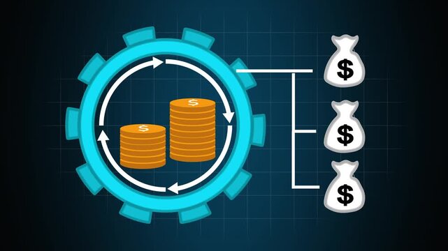Finance cycle animation with money bag icons. Finance cycle digital currency system. Finance cycle technology graphic on black background.