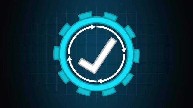 Gear icon animation with blue check mark. Gear icon circular arrow refresh indicator. Gear icon technical approval graphic on black background.