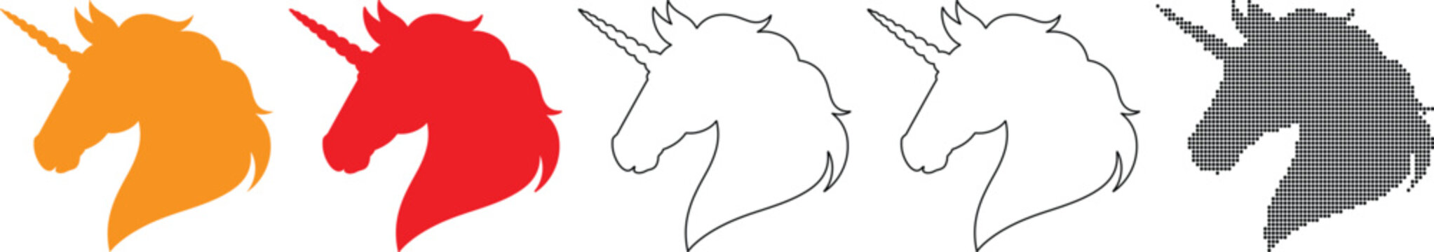 Various colored unicorn head silhouettes in different styles and patterns for design and artistic use