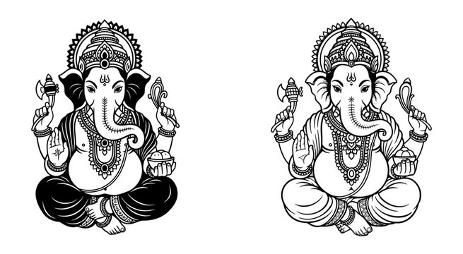 Lord Ganesha line art illustration in black and white styles