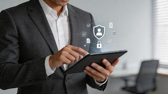 Businessman using tablet cyber security concept data protection shield with lock and check icons hovering above device screen protecting user privacy in digital office environment