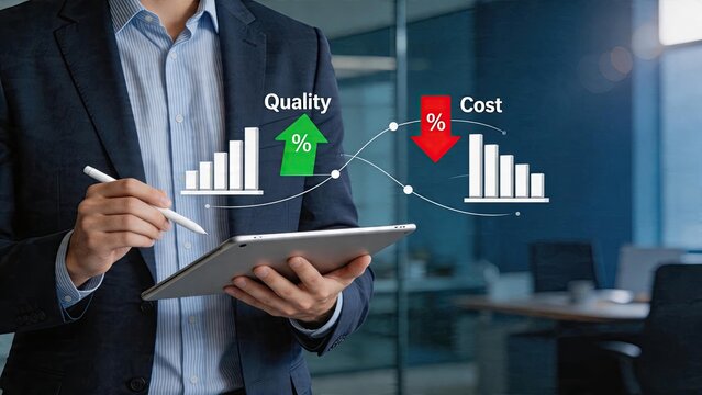 Businessman holding tablet analyzing digital hologram graphs in office increasing quality percentage decreasing cost arrow chart financial performance strategy concept