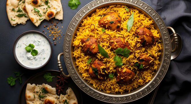 Delicious biryani feast aromatic rice dish with chicken naan and raita