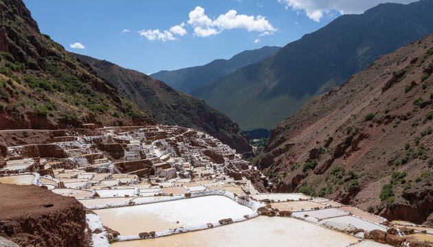 Traditional terraced salt ponds nestled in an expansive mountain valley landscape.
