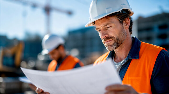 Construction professionals working with blueprints and technical documents at an active building site