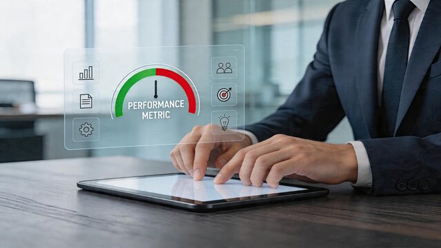 Businessman using tablet performance metric gauge holographic interface with chart icon target goal symbol settings gear lightbulb innovation corporate strategy analysis digital