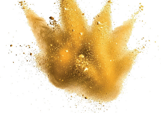 Dynamic golden yellow powder blast with textured dust clouds and scattered particles