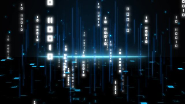 Binary code animation with falling blue data. Binary code digital technology pattern. Binary code abstract data flow graphic on black.