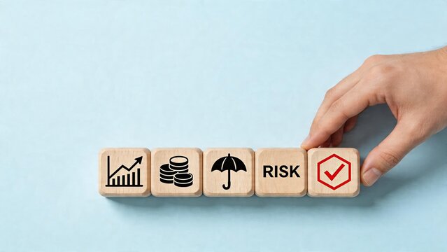 Business man hand holding wooden cube with word risk and red check mark symbol next to blocks with graph growth coins stack umbrella icon on blue background