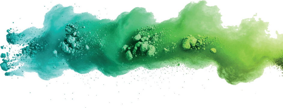 Vibrant emerald green powder plume with detailed particles and textured dust clouds
