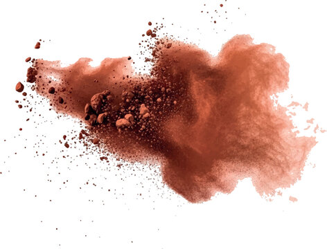 Terracotta brown powder explosion with scattered particles and realistic textures